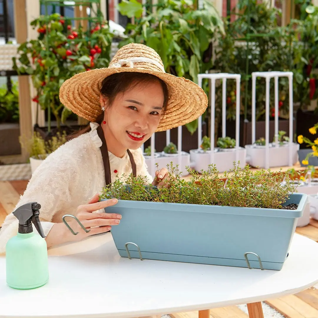 Soga 49.5cm Blue Rectangular Planter Vegetable Herb Flower Outdoor Plastic Box with Holder Balcony Garden Decor Set of 5