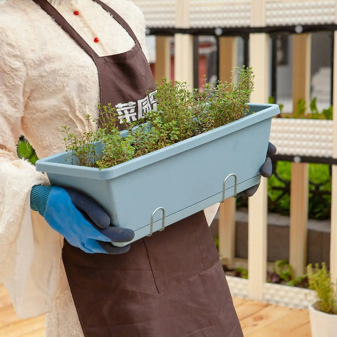 Soga 49.5cm Blue Rectangular Planter Vegetable Herb Flower Outdoor Plastic Box with Holder Balcony Garden Decor Set of 5