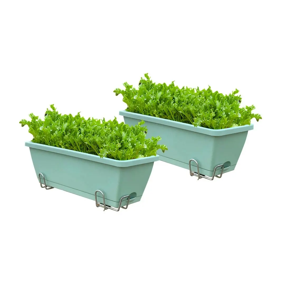 Soga 49.5cm Green Rectangular Planter Vegetable Herb Flower Outdoor Plastic Box with Holder Balcony Garden Decor Set of 2