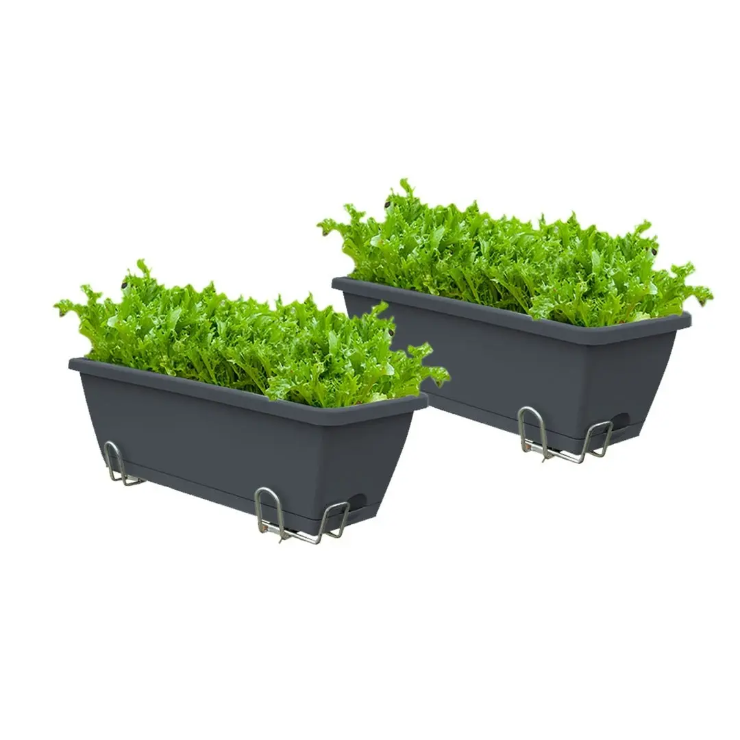 Soga 49.5cm Black Rectangular Planter Vegetable Herb Flower Outdoor Plastic Box with Holder Balcony Garden Decor Set of 2