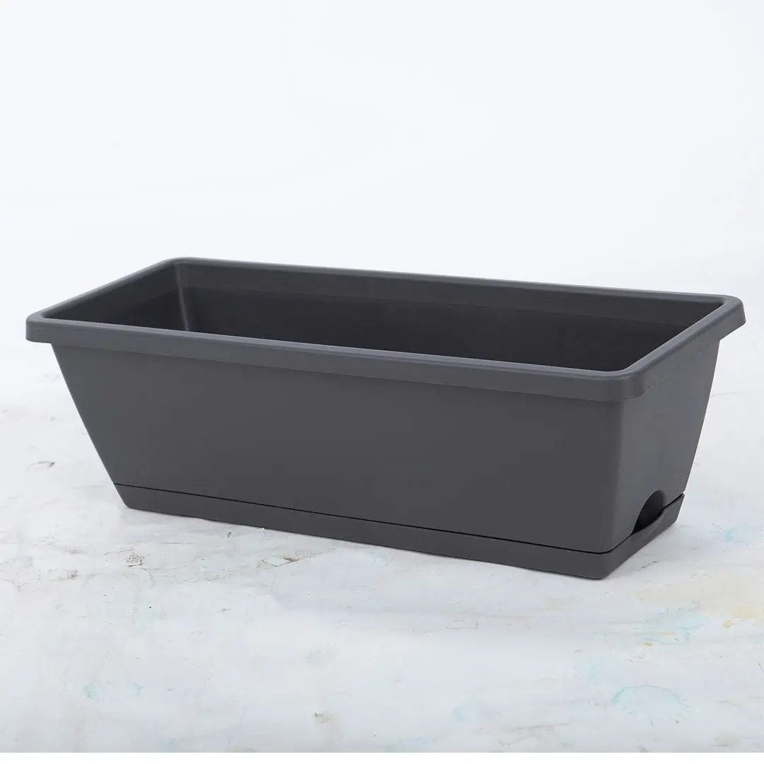 Soga 49.5cm Black Rectangular Planter Vegetable Herb Flower Outdoor Plastic Box with Holder Balcony Garden Decor Set of 2