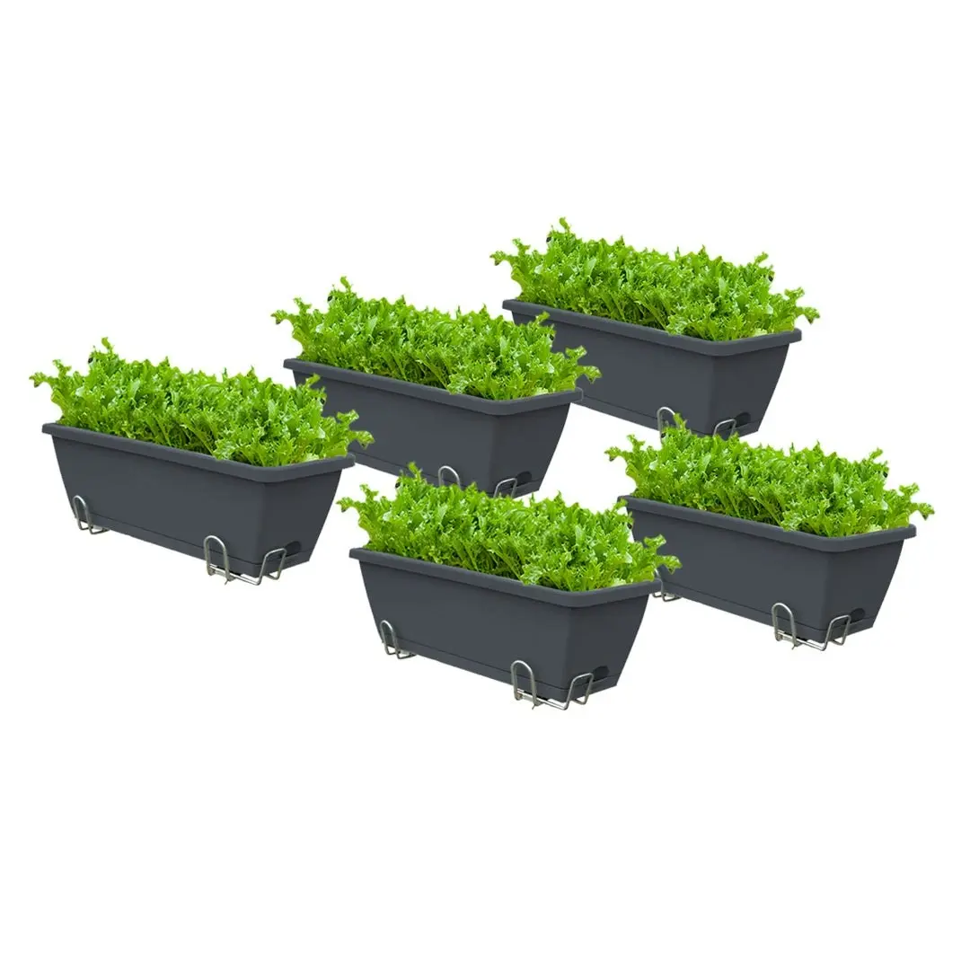 Soga 49.5cm Black Rectangular Planter Vegetable Herb Flower Outdoor Plastic Box with Holder Balcony Garden Decor Set of 5