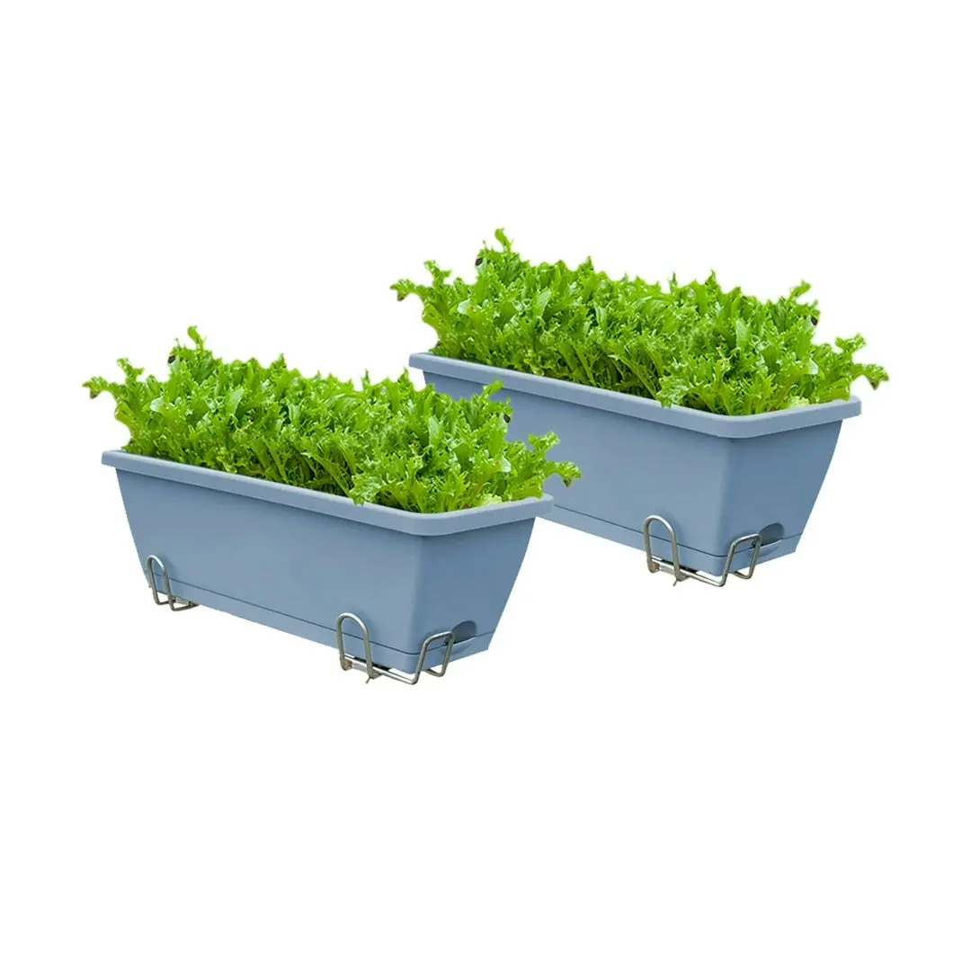 Soga 49.5cm Blue Rectangular Planter Vegetable Herb Flower Outdoor Plastic Box with Holder Balcony Garden Decor Set of 2