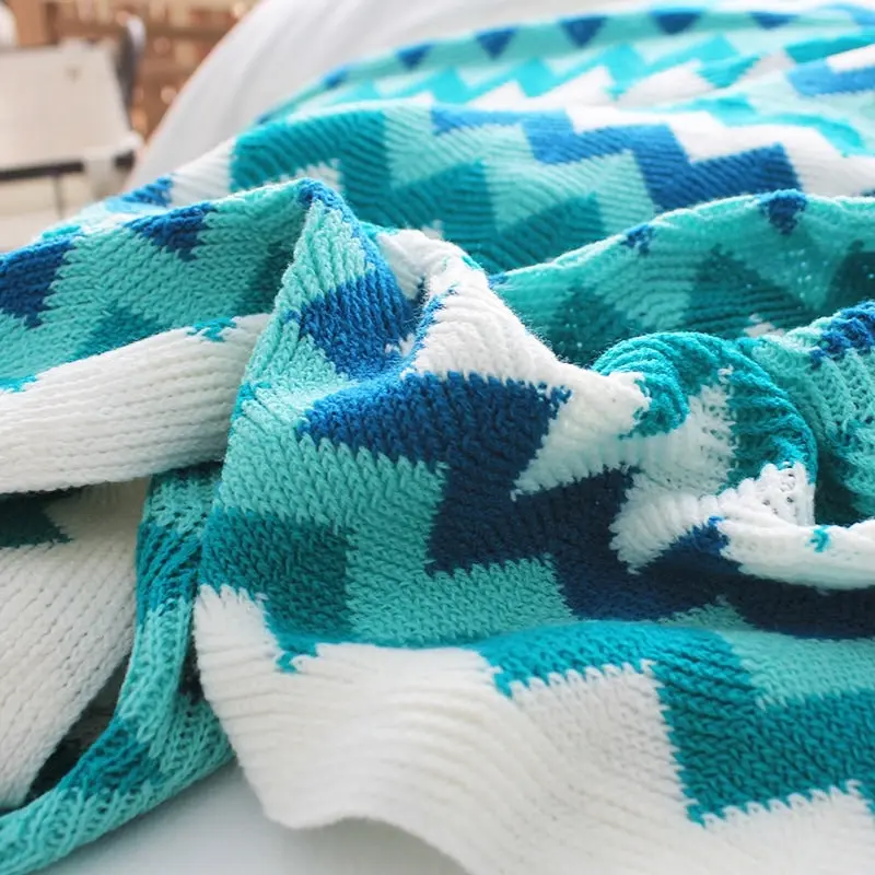 Soga 220cm Blue Zigzag Striped Throw Blanket Acrylic Wave Knitted Fringed Woven Cover Couch Bed Sofa Home Decor