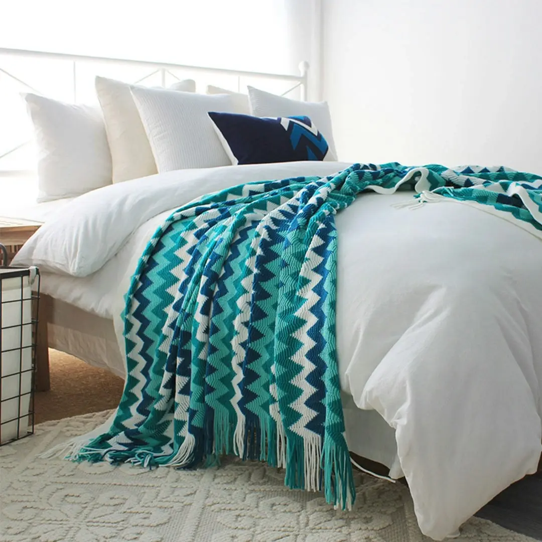 Soga 220cm Blue Zigzag Striped Throw Blanket Acrylic Wave Knitted Fringed Woven Cover Couch Bed Sofa Home Decor