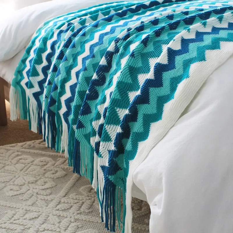 Soga 220cm Blue Zigzag Striped Throw Blanket Acrylic Wave Knitted Fringed Woven Cover Couch Bed Sofa Home Decor