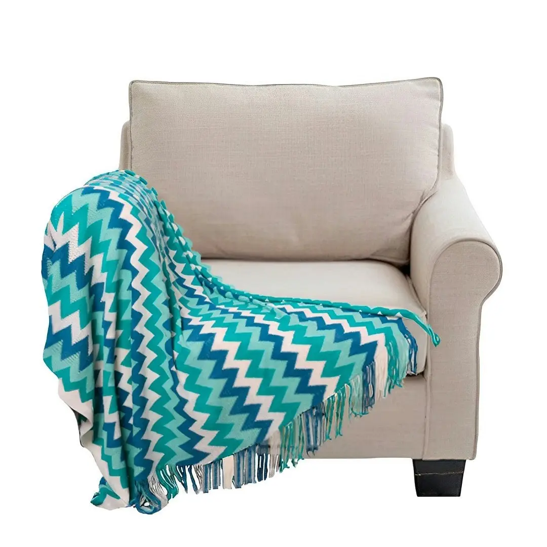 Soga 220cm Blue Zigzag Striped Throw Blanket Acrylic Wave Knitted Fringed Woven Cover Couch Bed Sofa Home Decor