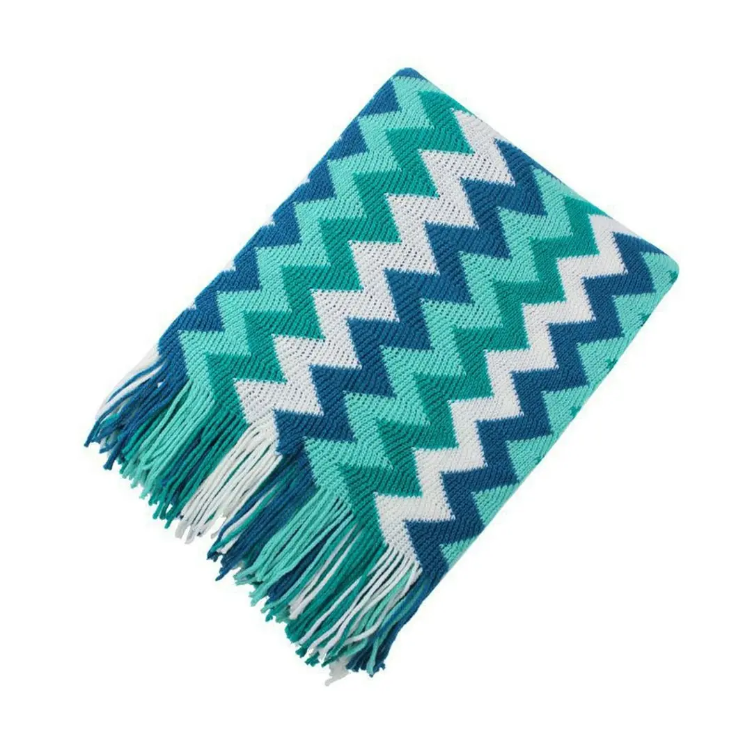 Soga 220cm Blue Zigzag Striped Throw Blanket Acrylic Wave Knitted Fringed Woven Cover Couch Bed Sofa Home Decor