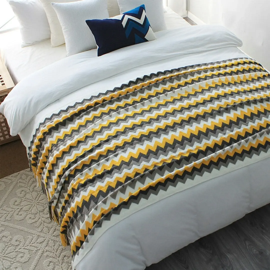 Soga 220cm Yellow Zigzag Striped Throw Blanket Acrylic Wave Knitted Fringed Woven Cover Couch Bed Sofa Home Decor