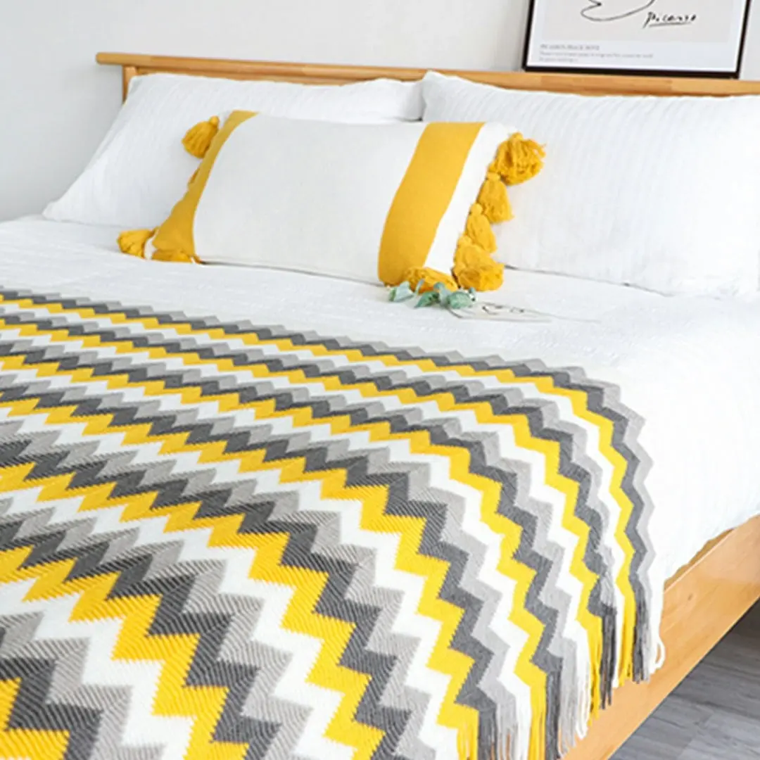 Soga 220cm Yellow Zigzag Striped Throw Blanket Acrylic Wave Knitted Fringed Woven Cover Couch Bed Sofa Home Decor