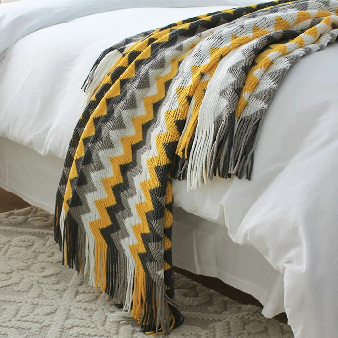 Soga 220cm Yellow Zigzag Striped Throw Blanket Acrylic Wave Knitted Fringed Woven Cover Couch Bed Sofa Home Decor