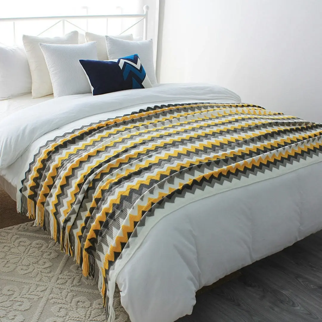 Soga 220cm Yellow Zigzag Striped Throw Blanket Acrylic Wave Knitted Fringed Woven Cover Couch Bed Sofa Home Decor