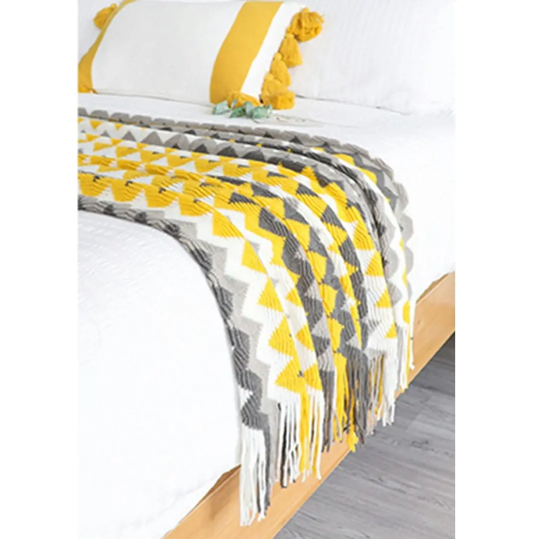 Soga 220cm Yellow Zigzag Striped Throw Blanket Acrylic Wave Knitted Fringed Woven Cover Couch Bed Sofa Home Decor