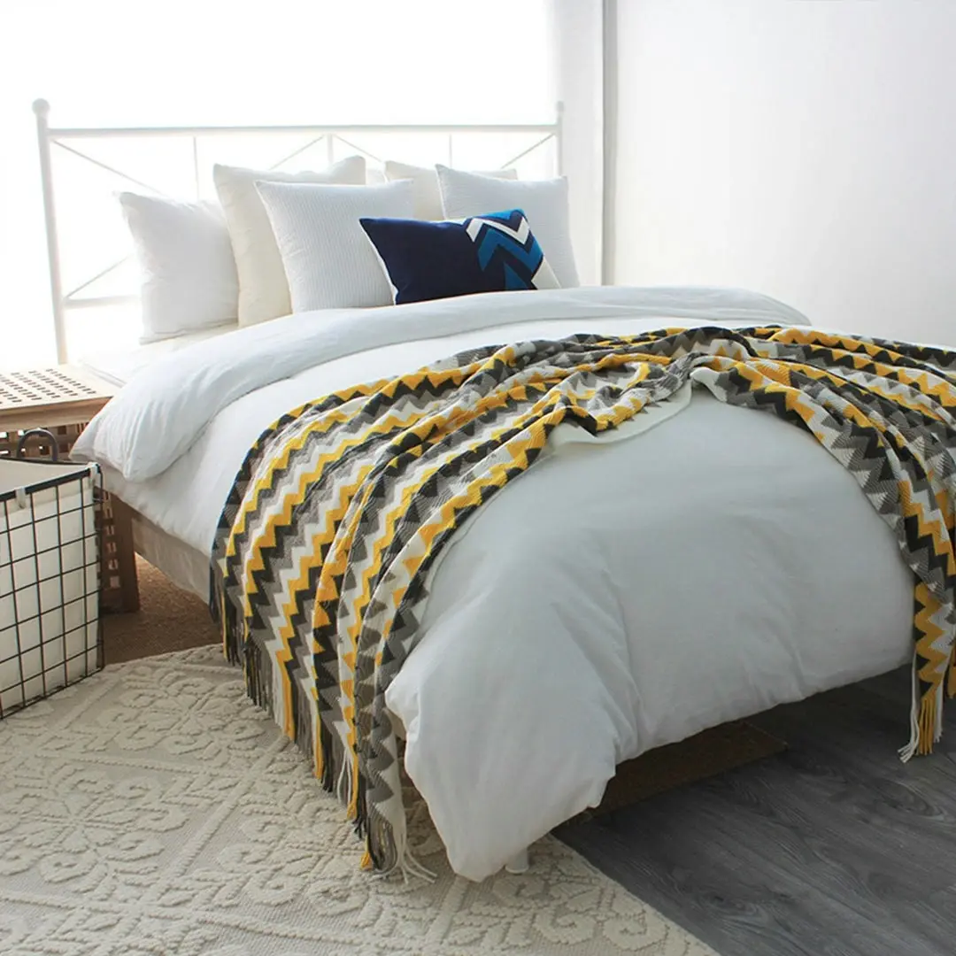 Soga 220cm Yellow Zigzag Striped Throw Blanket Acrylic Wave Knitted Fringed Woven Cover Couch Bed Sofa Home Decor