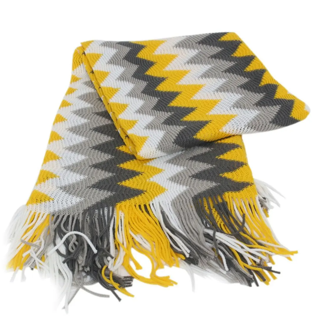 Soga 220cm Yellow Zigzag Striped Throw Blanket Acrylic Wave Knitted Fringed Woven Cover Couch Bed Sofa Home Decor