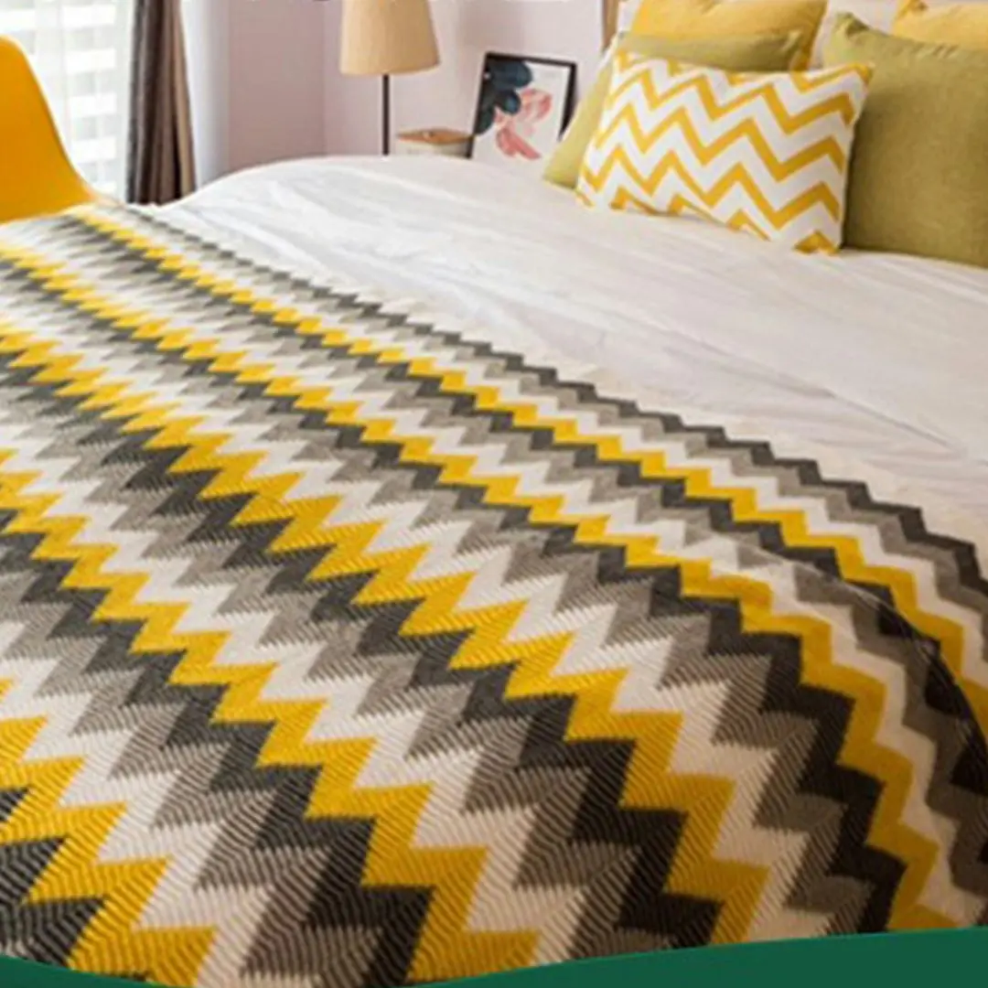 Soga 220cm Yellow Zigzag Striped Throw Blanket Acrylic Wave Knitted Fringed Woven Cover Couch Bed Sofa Home Decor