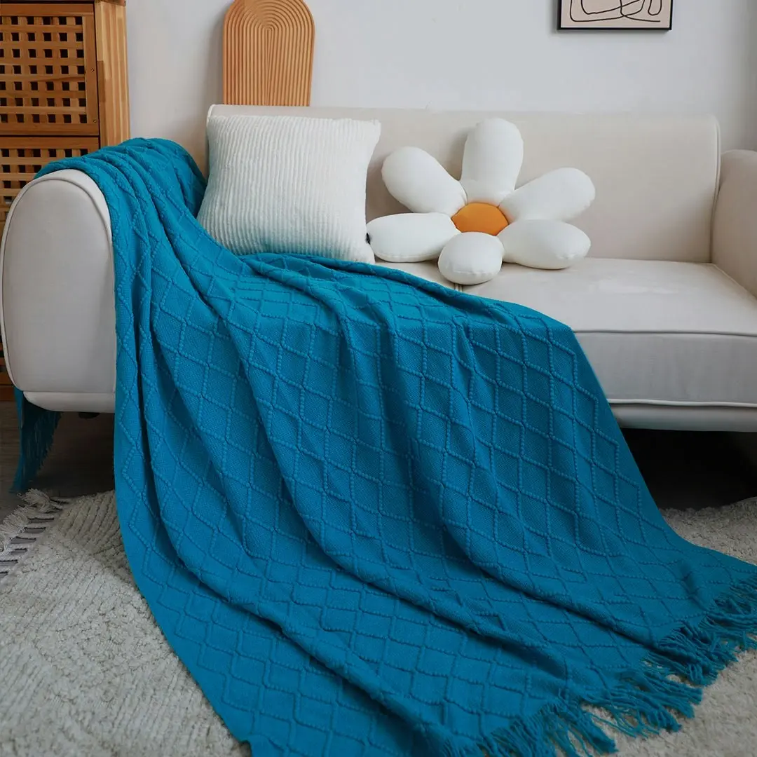 Soga Blue Diamond Pattern Knitted Throw Blanket Warm Cozy Woven Cover Couch Bed Sofa Home Decor with Tassels