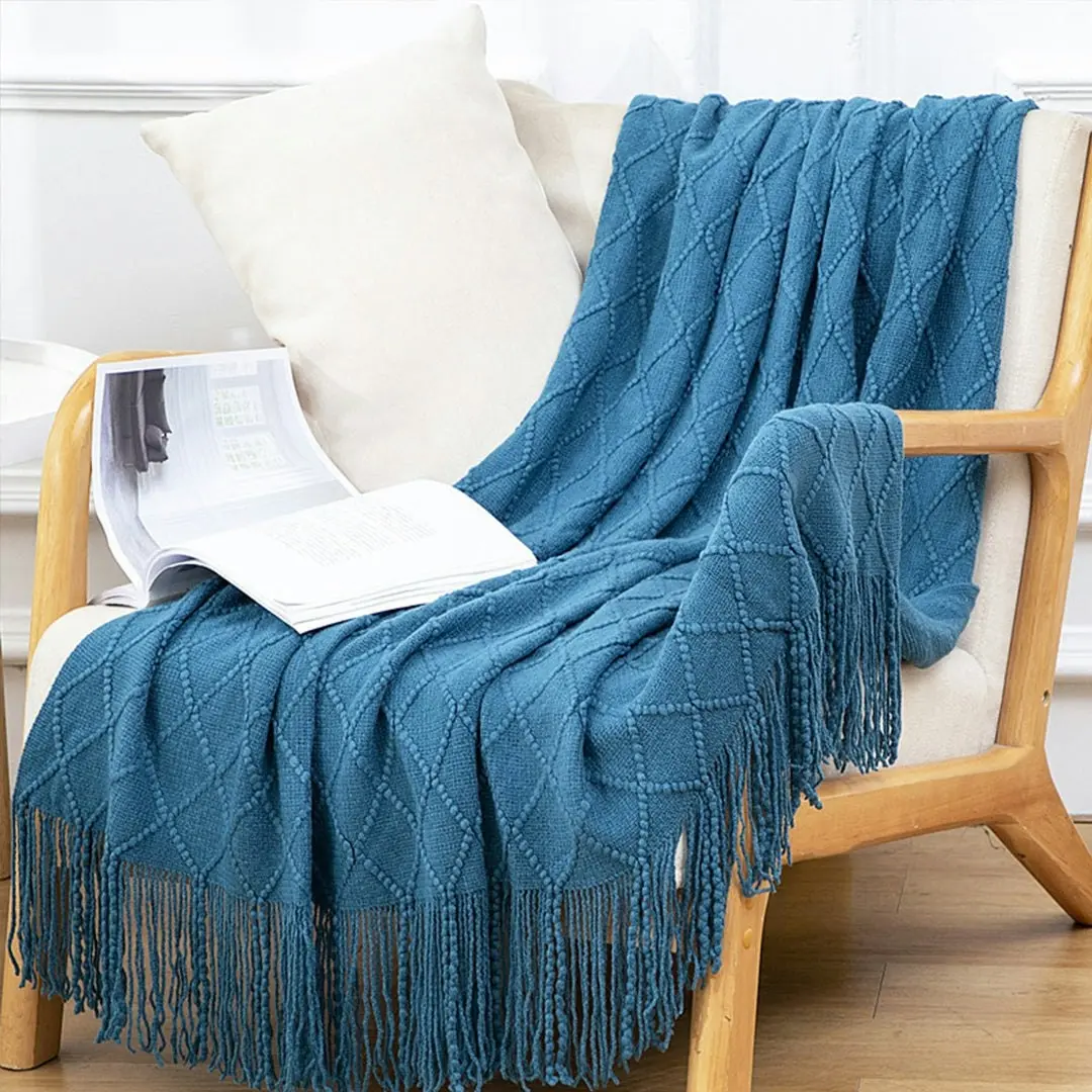 Soga Blue Diamond Pattern Knitted Throw Blanket Warm Cozy Woven Cover Couch Bed Sofa Home Decor with Tassels