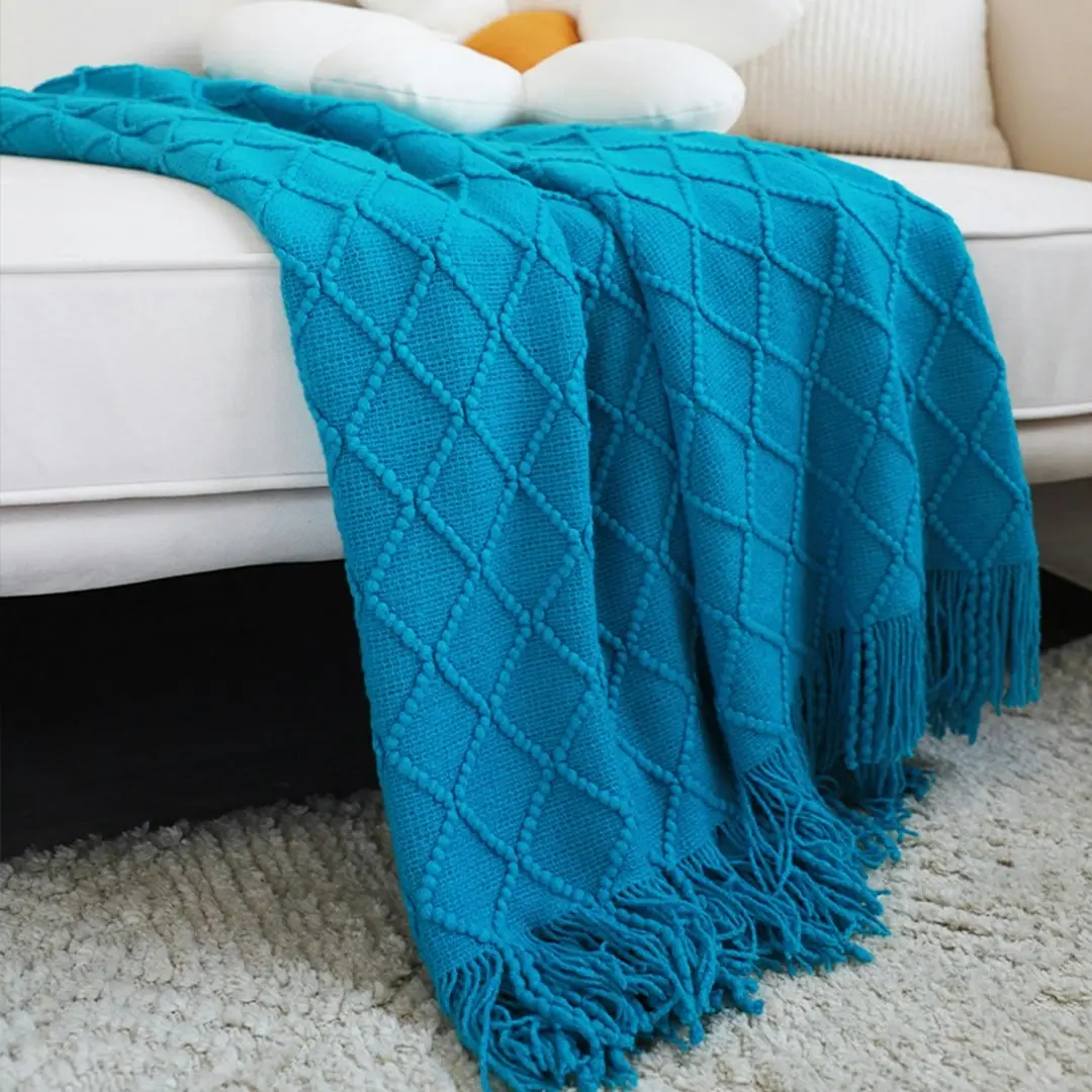 Soga Blue Diamond Pattern Knitted Throw Blanket Warm Cozy Woven Cover Couch Bed Sofa Home Decor with Tassels