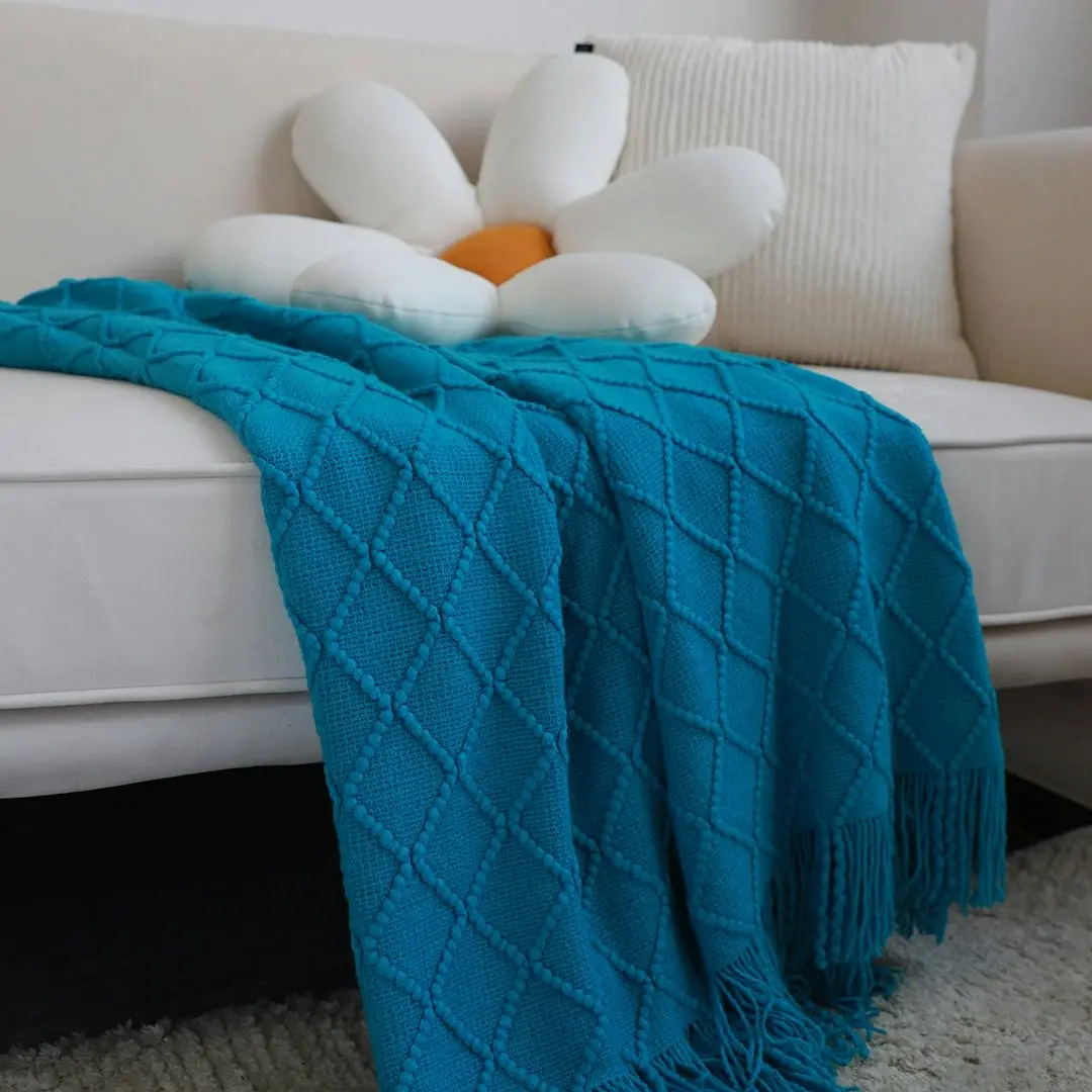 Soga Blue Diamond Pattern Knitted Throw Blanket Warm Cozy Woven Cover Couch Bed Sofa Home Decor with Tassels