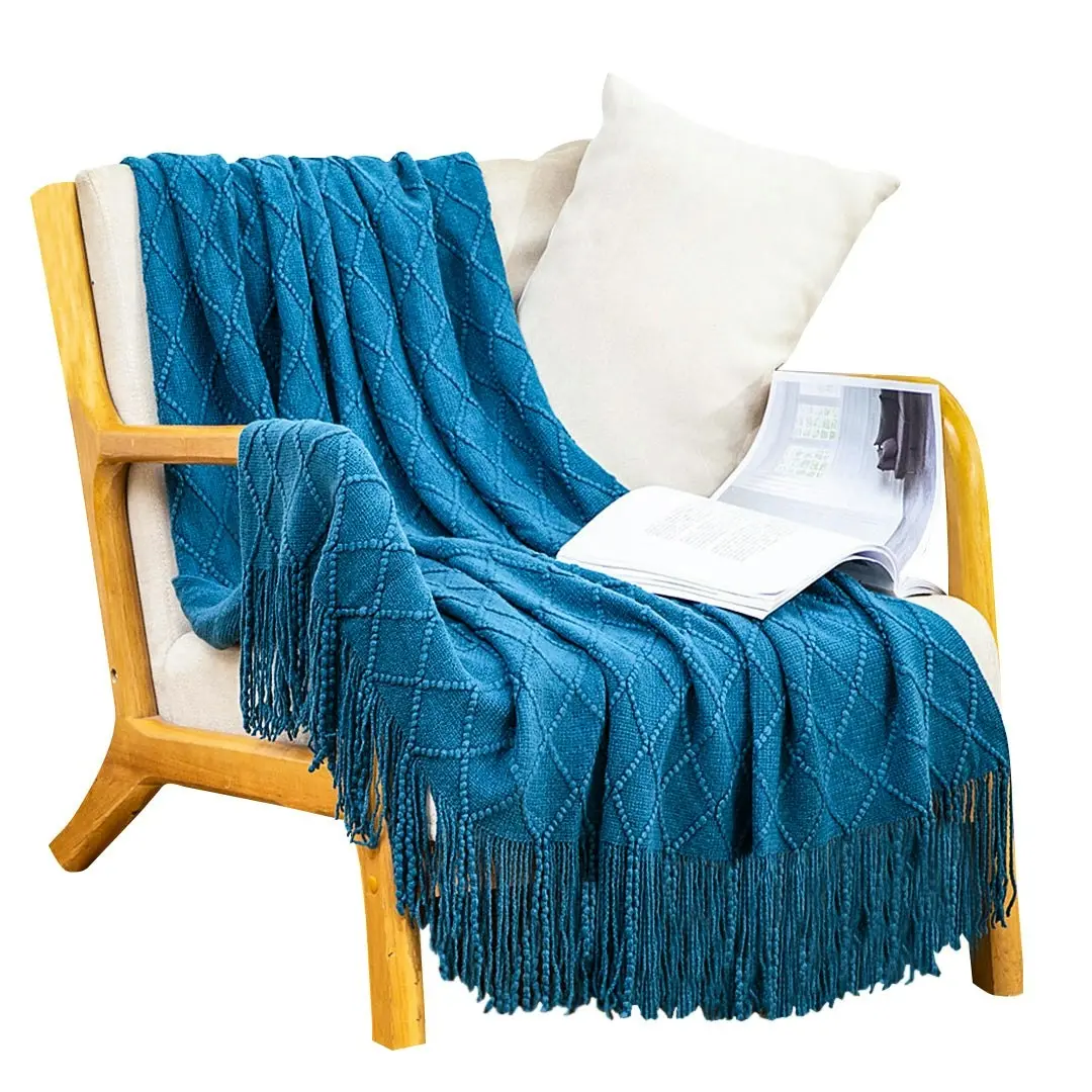 Soga Blue Diamond Pattern Knitted Throw Blanket Warm Cozy Woven Cover Couch Bed Sofa Home Decor with Tassels