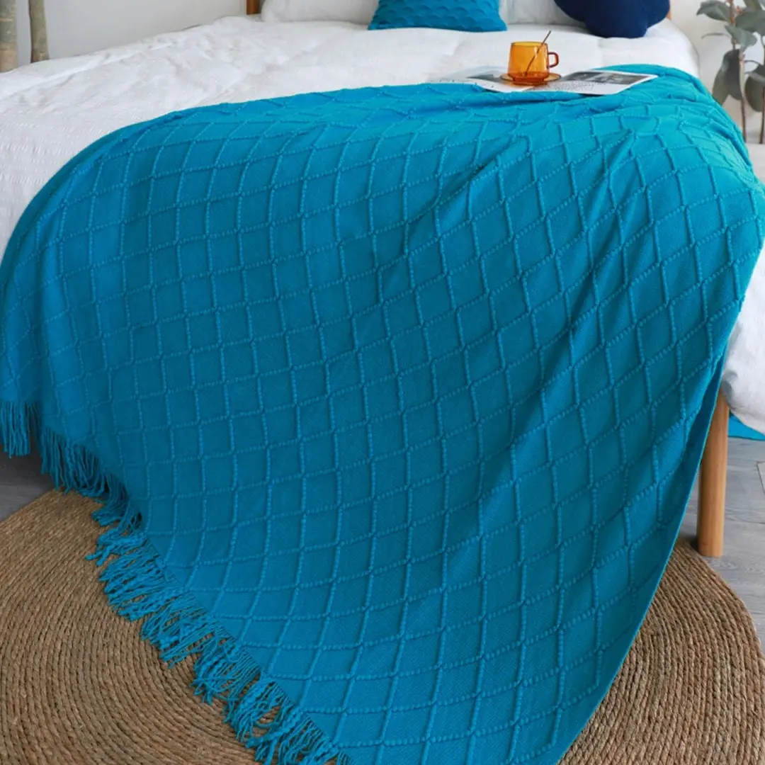 Soga Blue Diamond Pattern Knitted Throw Blanket Warm Cozy Woven Cover Couch Bed Sofa Home Decor with Tassels