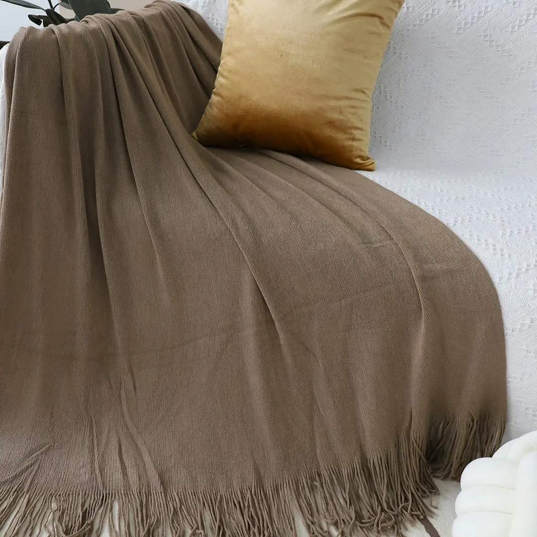 Soga Coffee Acrylic Knitted Throw Blanket Solid Fringed Warm Cozy Woven Cover Couch Bed Sofa Home Decor