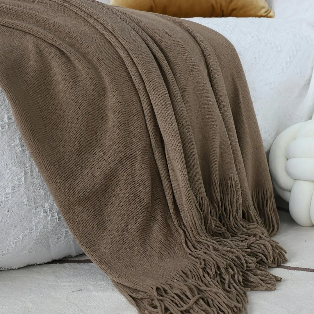 Soga Coffee Acrylic Knitted Throw Blanket Solid Fringed Warm Cozy Woven Cover Couch Bed Sofa Home Decor