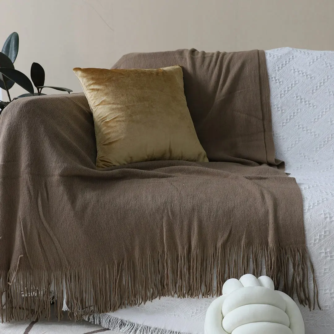 Soga Coffee Acrylic Knitted Throw Blanket Solid Fringed Warm Cozy Woven Cover Couch Bed Sofa Home Decor