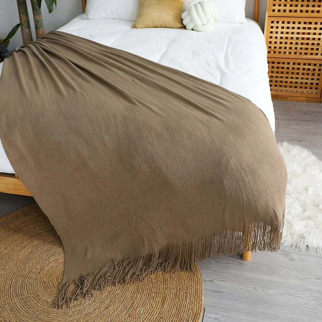 Soga Coffee Acrylic Knitted Throw Blanket Solid Fringed Warm Cozy Woven Cover Couch Bed Sofa Home Decor