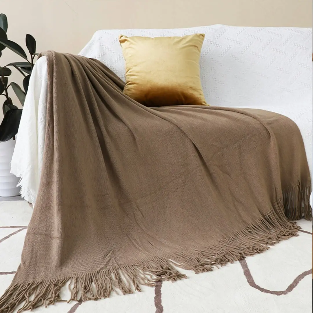 Soga Coffee Acrylic Knitted Throw Blanket Solid Fringed Warm Cozy Woven Cover Couch Bed Sofa Home Decor