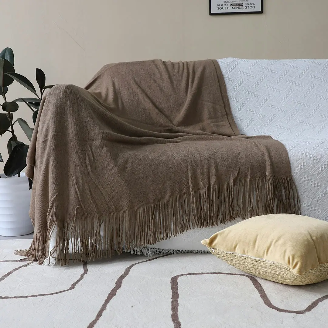 Soga Coffee Acrylic Knitted Throw Blanket Solid Fringed Warm Cozy Woven Cover Couch Bed Sofa Home Decor