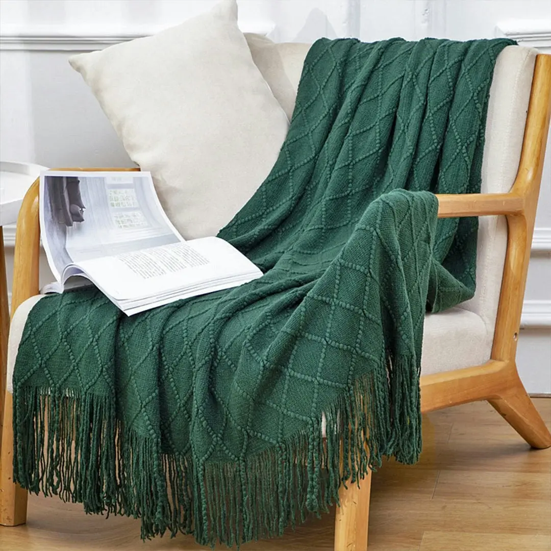 Soga Green Diamond Pattern Knitted Throw Blanket Warm Cozy Woven Cover Couch Bed Sofa Home Decor with Tassels