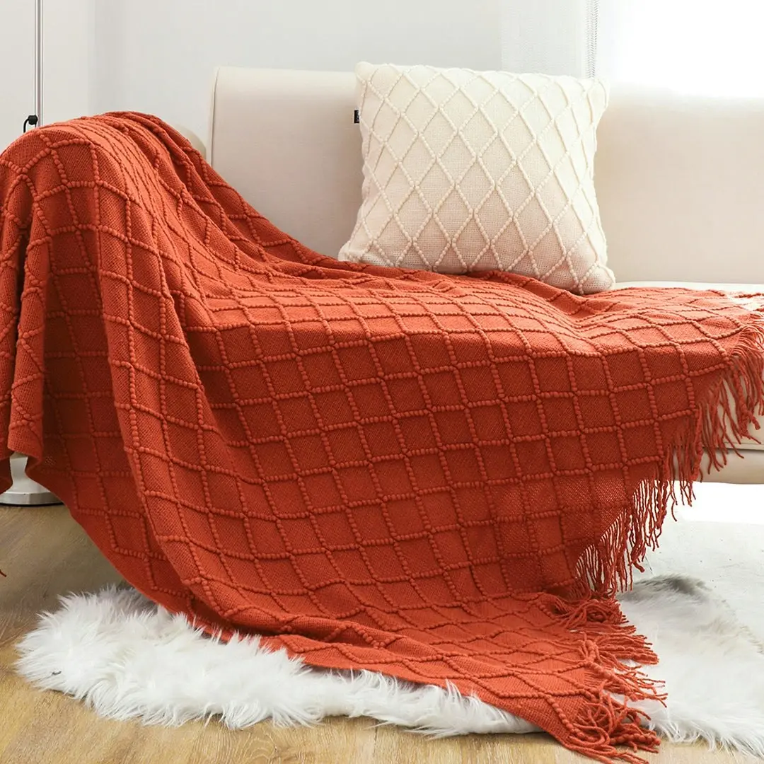 Soga Red Diamond Pattern Knitted Throw Blanket Warm Cozy Woven Cover Couch Bed Sofa Home Decor with Tassels