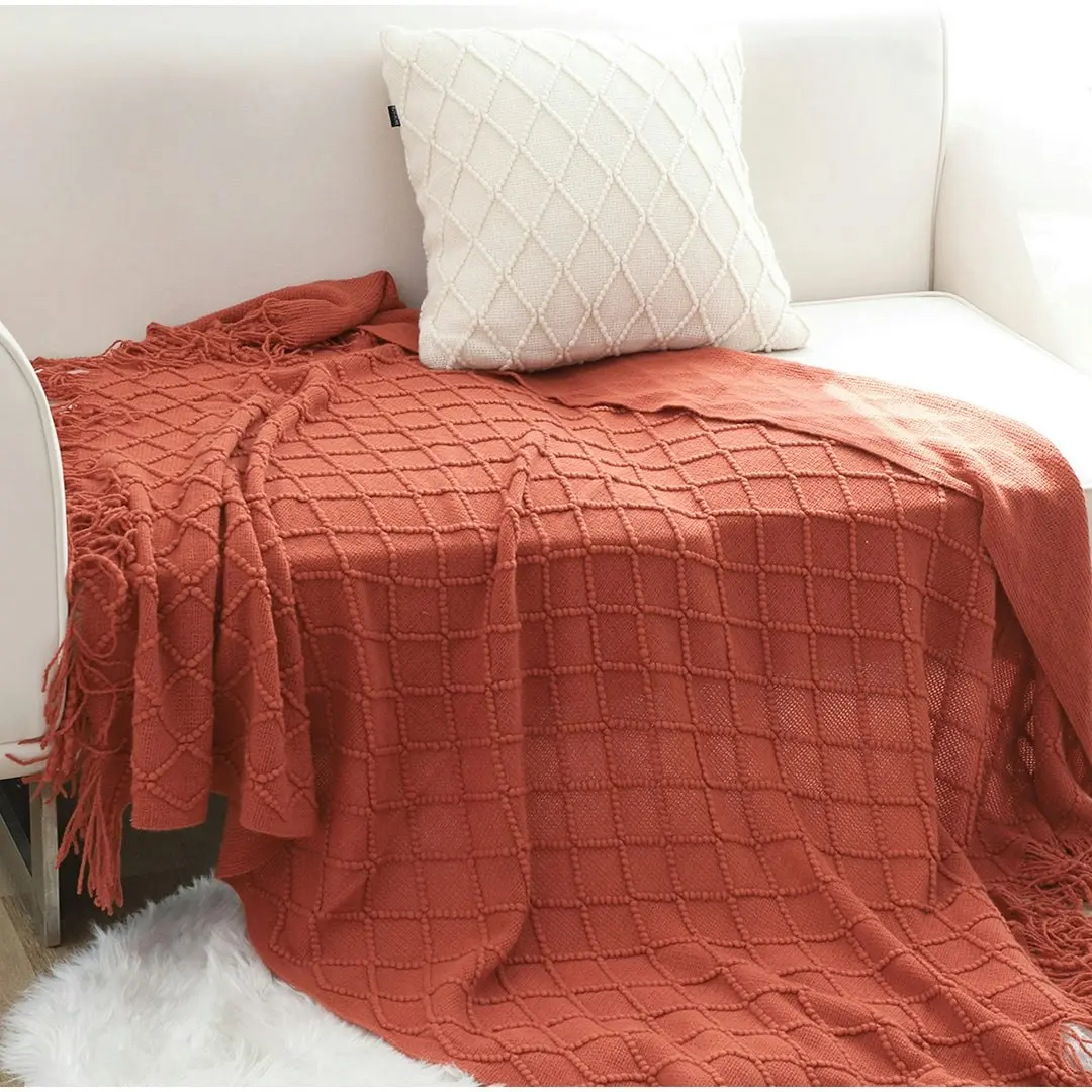 Soga Red Diamond Pattern Knitted Throw Blanket Warm Cozy Woven Cover Couch Bed Sofa Home Decor with Tassels