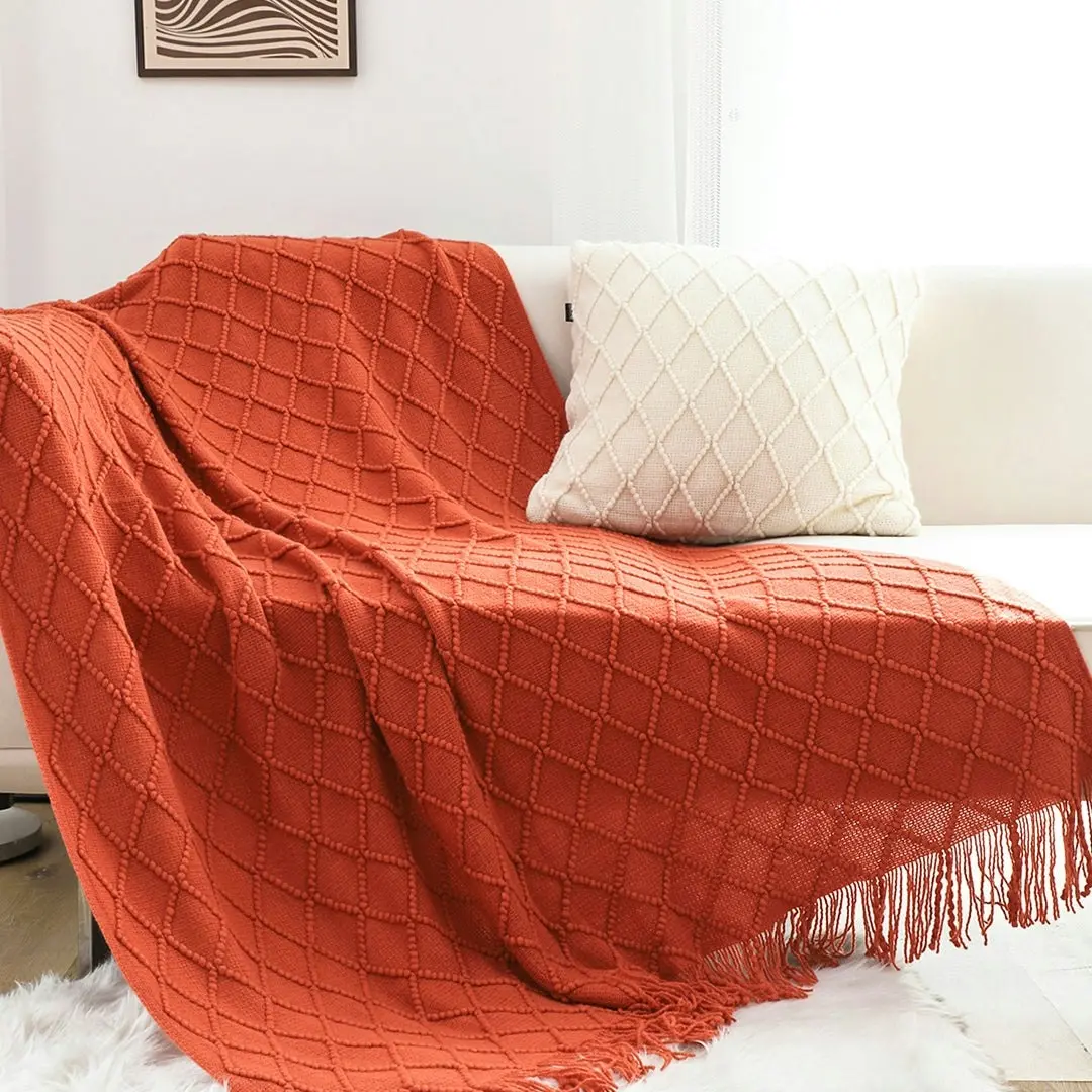 Soga Red Diamond Pattern Knitted Throw Blanket Warm Cozy Woven Cover Couch Bed Sofa Home Decor with Tassels