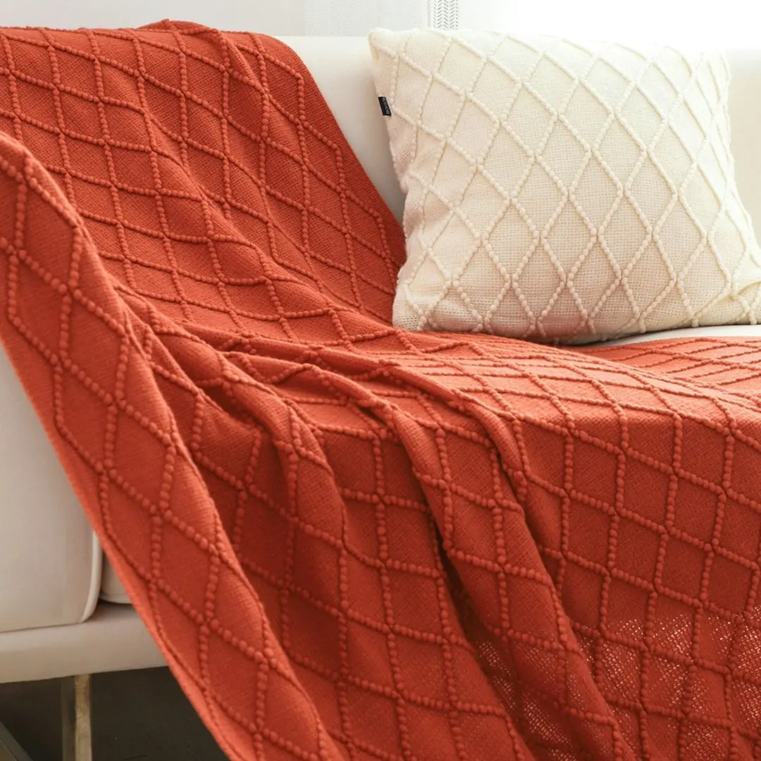 Soga Red Diamond Pattern Knitted Throw Blanket Warm Cozy Woven Cover Couch Bed Sofa Home Decor with Tassels