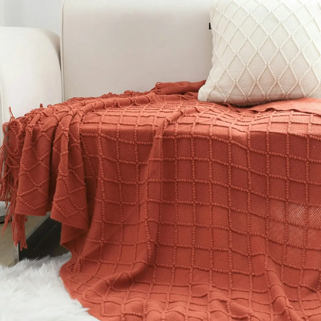 Soga Red Diamond Pattern Knitted Throw Blanket Warm Cozy Woven Cover Couch Bed Sofa Home Decor with Tassels