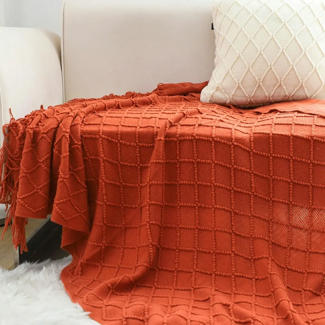 Soga Red Diamond Pattern Knitted Throw Blanket Warm Cozy Woven Cover Couch Bed Sofa Home Decor with Tassels