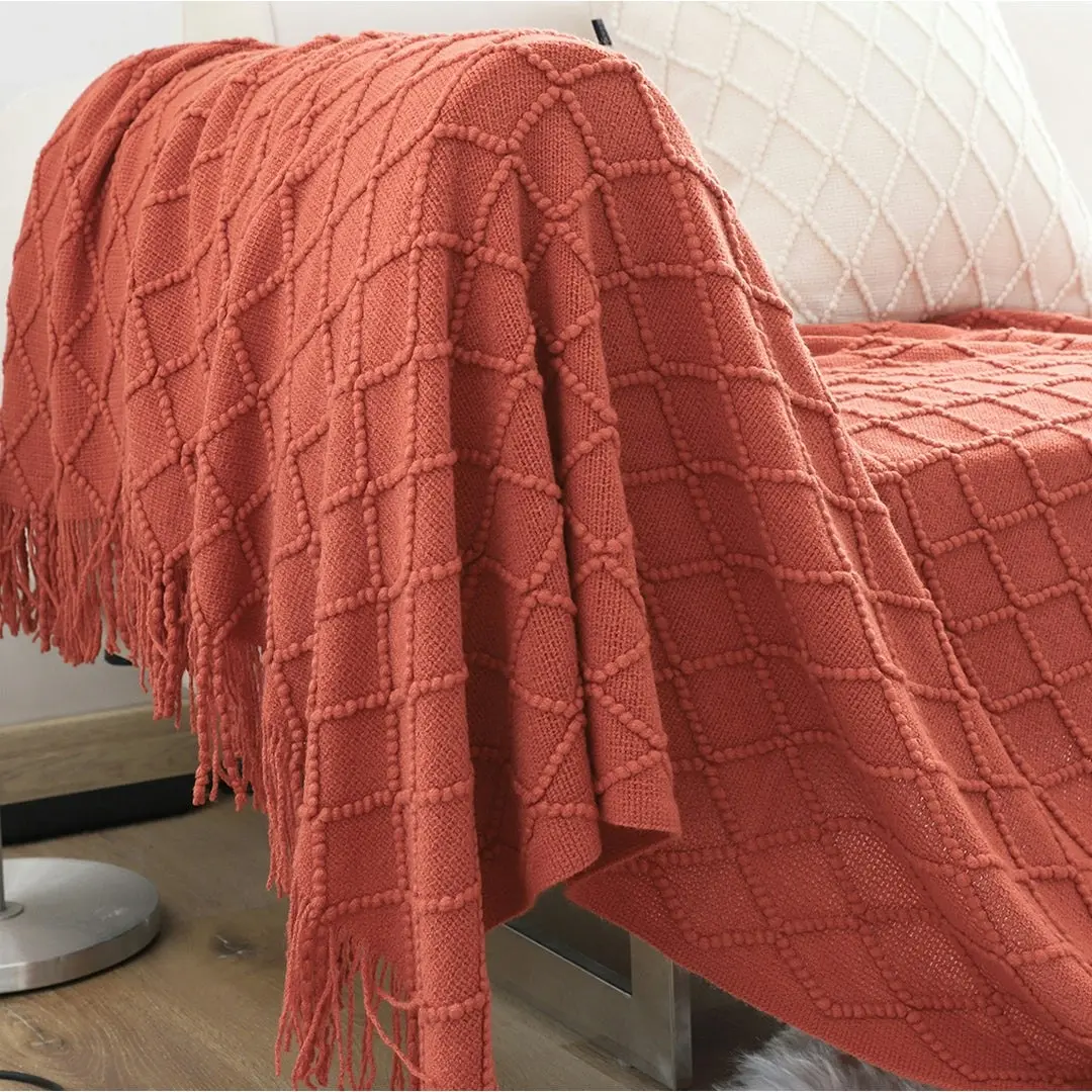 Soga Red Diamond Pattern Knitted Throw Blanket Warm Cozy Woven Cover Couch Bed Sofa Home Decor with Tassels