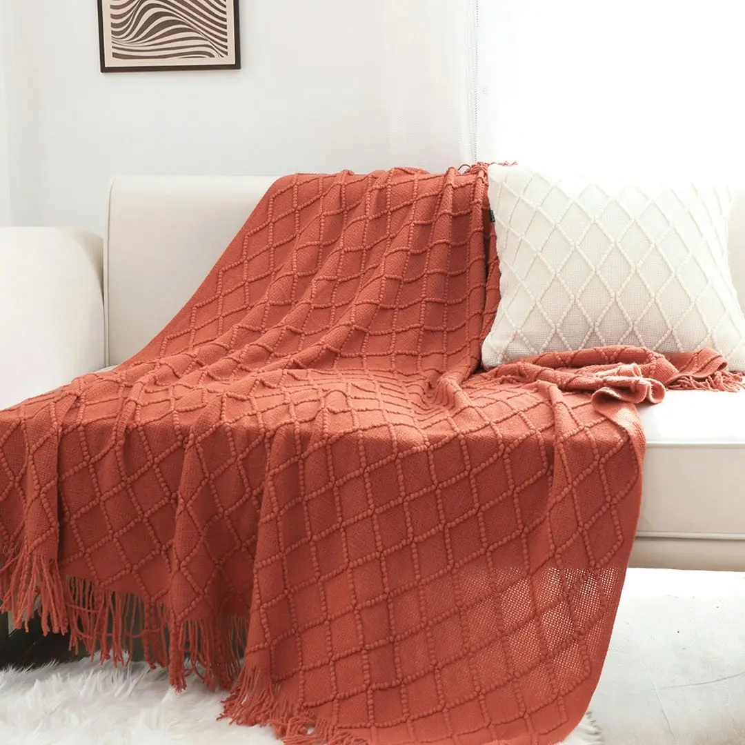 Soga Red Diamond Pattern Knitted Throw Blanket Warm Cozy Woven Cover Couch Bed Sofa Home Decor with Tassels