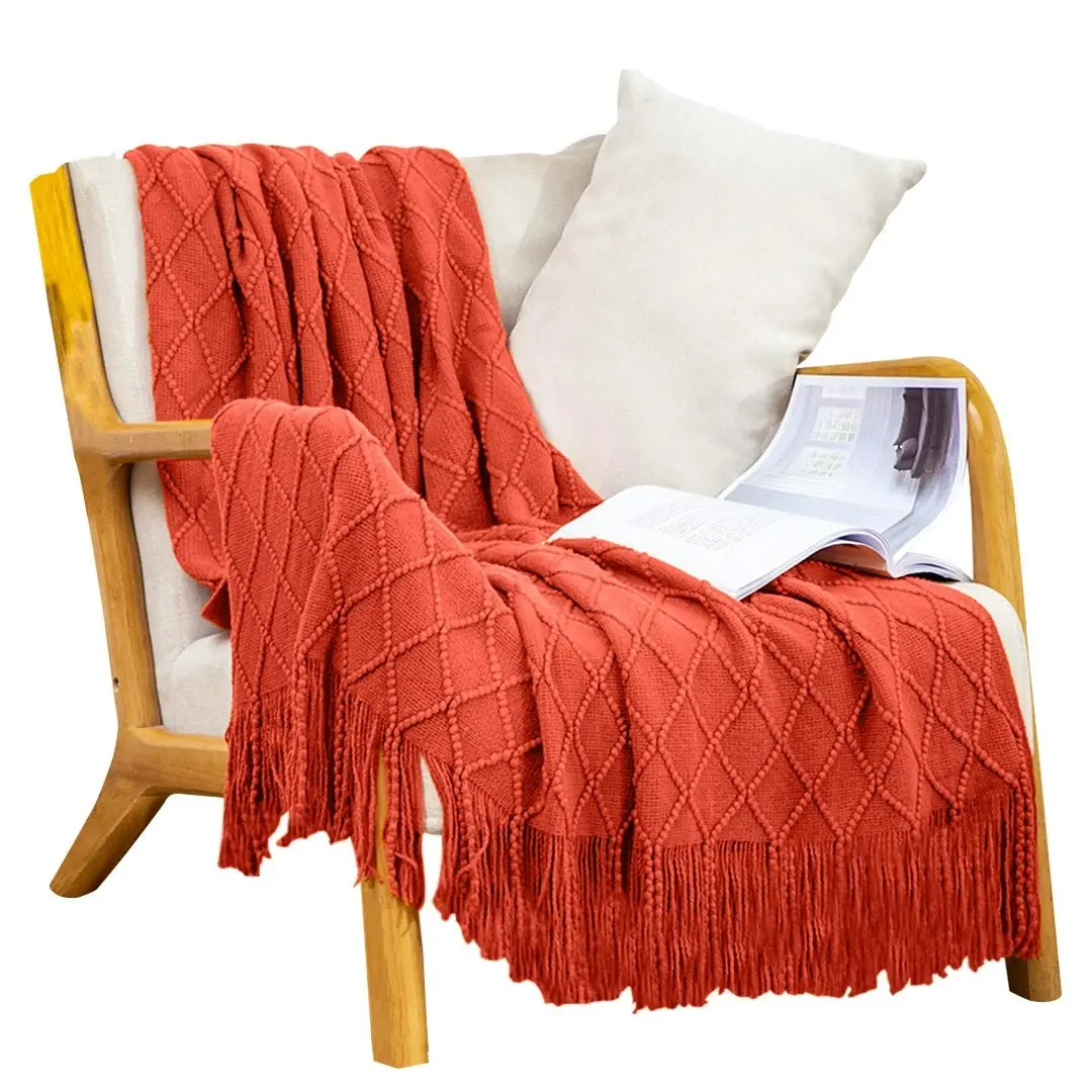 Soga Red Diamond Pattern Knitted Throw Blanket Warm Cozy Woven Cover Couch Bed Sofa Home Decor with Tassels