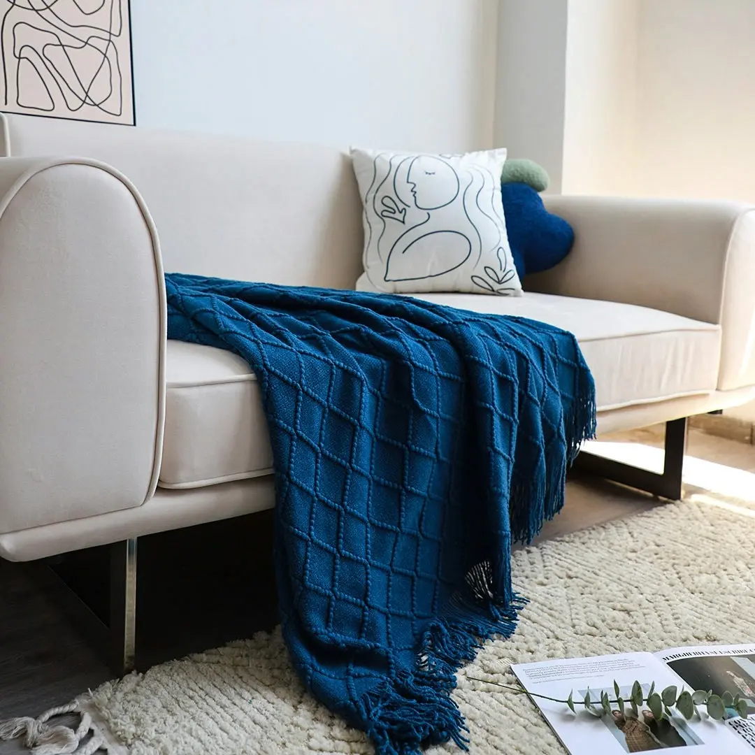 Soga Royal Blue Diamond Pattern Knitted Throw Blanket Warm Cozy Woven Cover Couch Bed Sofa Home Decor with Tassels