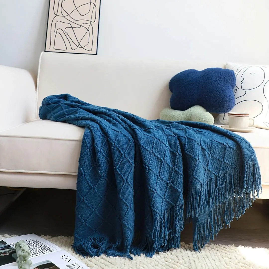 Soga Royal Blue Diamond Pattern Knitted Throw Blanket Warm Cozy Woven Cover Couch Bed Sofa Home Decor with Tassels