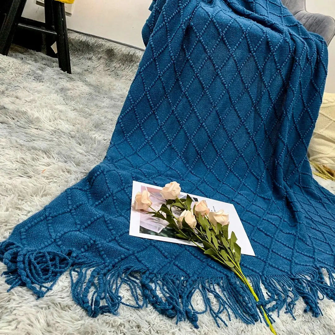 Soga Royal Blue Diamond Pattern Knitted Throw Blanket Warm Cozy Woven Cover Couch Bed Sofa Home Decor with Tassels