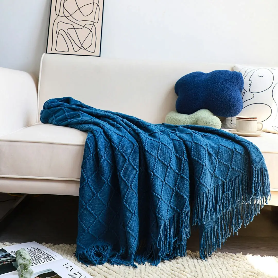 Soga Royal Blue Diamond Pattern Knitted Throw Blanket Warm Cozy Woven Cover Couch Bed Sofa Home Decor with Tassels