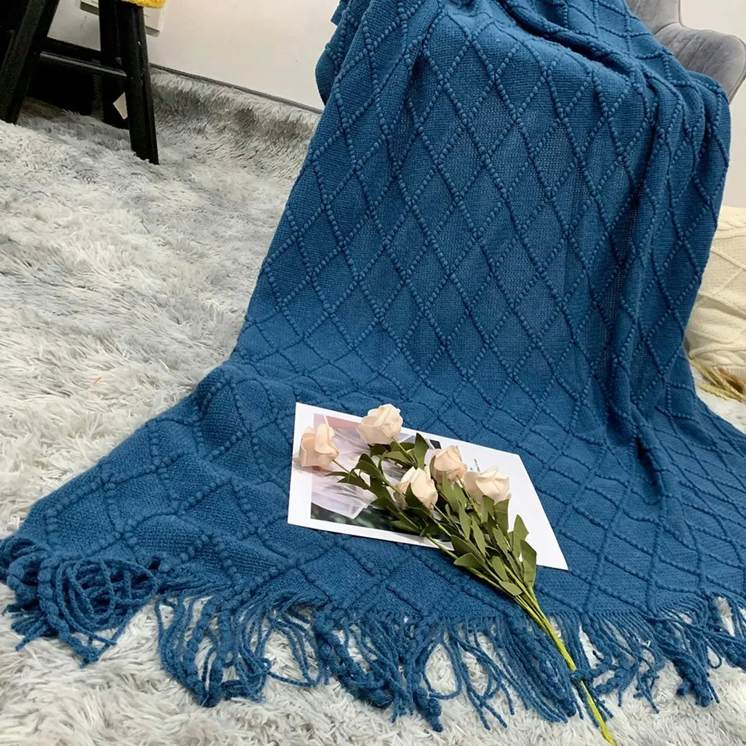 Soga Royal Blue Diamond Pattern Knitted Throw Blanket Warm Cozy Woven Cover Couch Bed Sofa Home Decor with Tassels