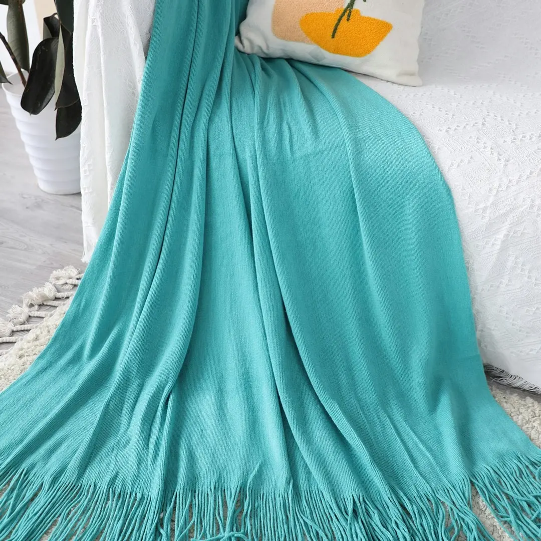 Soga Teal Acrylic Knitted Throw Blanket Solid Fringed Warm Cozy Woven Cover Couch Bed Sofa Home Decor