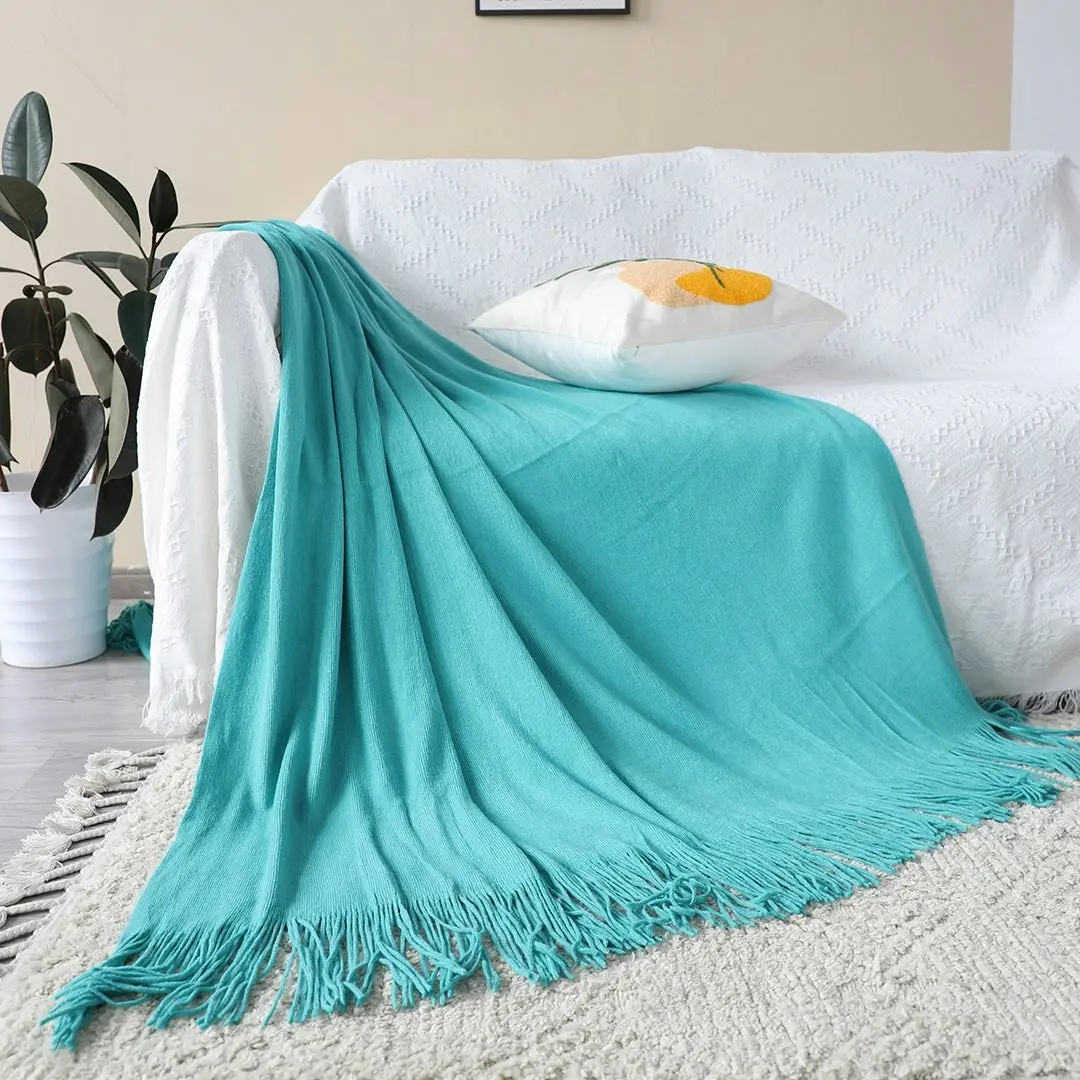 Soga Teal Acrylic Knitted Throw Blanket Solid Fringed Warm Cozy Woven Cover Couch Bed Sofa Home Decor