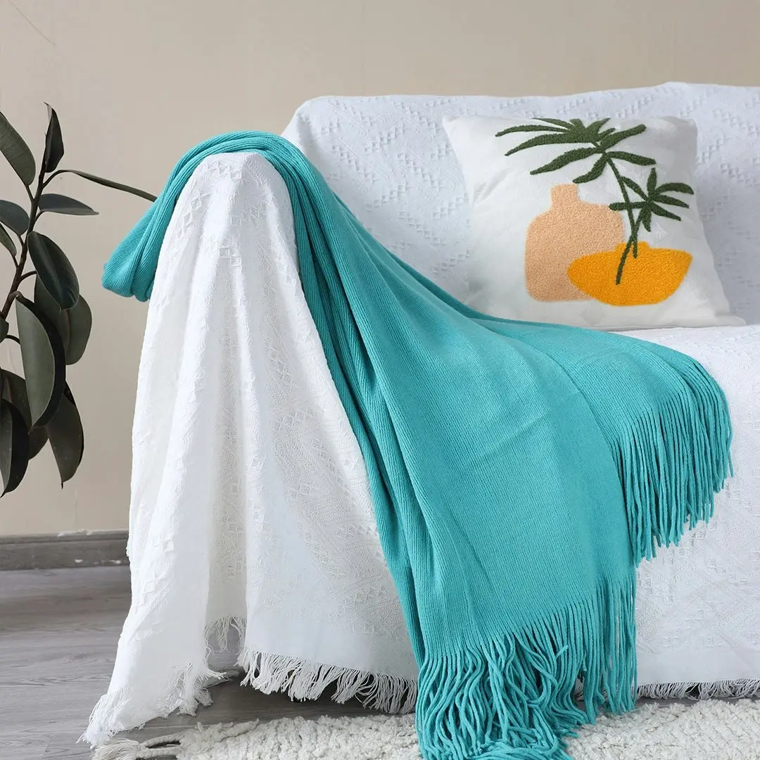 Soga Teal Acrylic Knitted Throw Blanket Solid Fringed Warm Cozy Woven Cover Couch Bed Sofa Home Decor